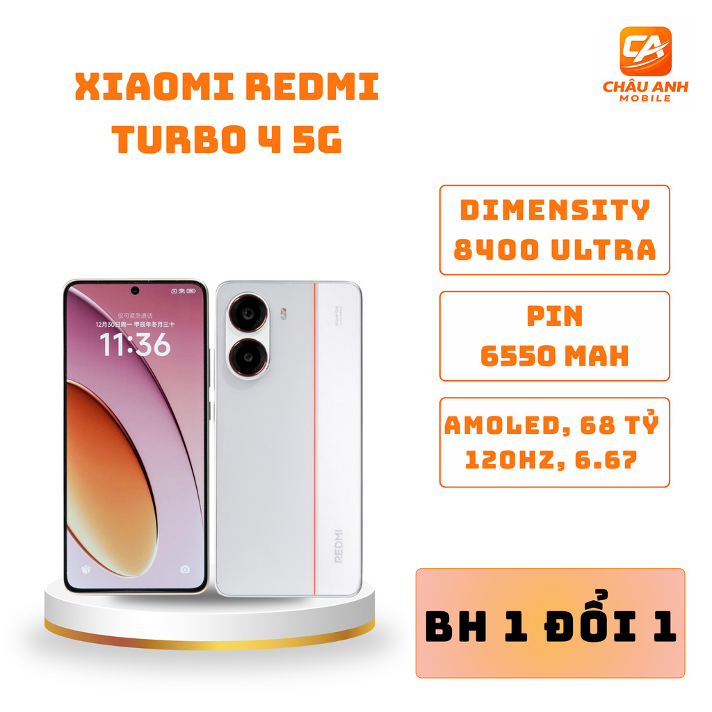Điện thoại Xiaomi Redmi Turbo 4 5G - Dimensity 8400 Ultra - Bảo hành 1 đổi 1 - Châu Anh Mobile