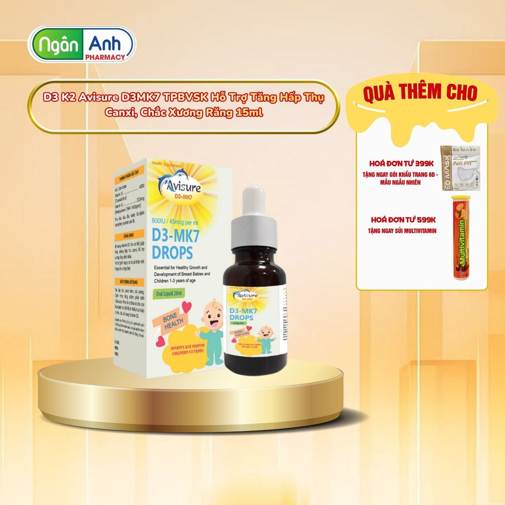 D3 K2 Avisure D3MK7 TPBVSK Hỗ Trợ Tăng Hấp Thụ Canxi, Chắc Xương Răng 15ml