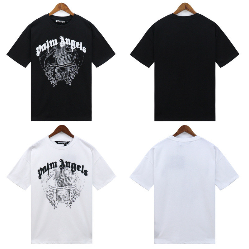 Real Shot Ready Stock Palm Angels Letters and Roses Skull Pattern Hip-Hop Hợp Thời Trang Nam Cổ Tròn