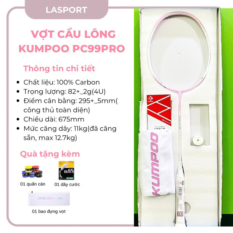Vợt cầu lông Kumpoo PC99pro chính hãng sợi carbon 4U, căng sẵn 11kg tặng kèm túi đựng và quấn cán( k