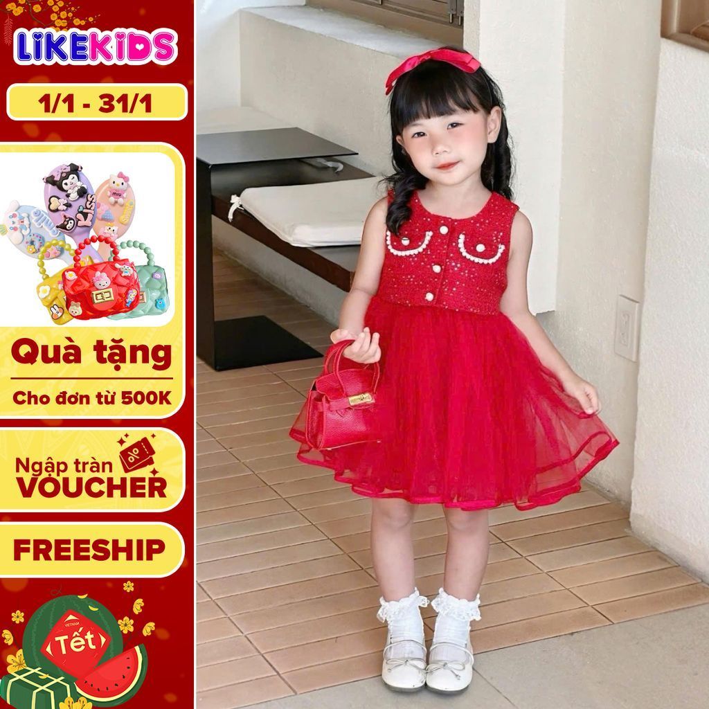 Đầm công chúa xinh xắn DẠ cho bé gái đi chơi, đi tiệc họa tiết kim sa MH3 D80 -  LikeKids