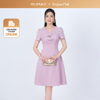   NEW  Đầm nữ form A Cổ mở V kiểu phối nơ tay ngắn thời trang GUMAC LDF1106 