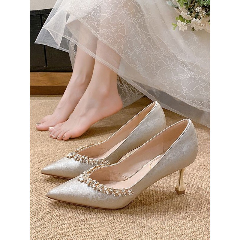 JA3 O.riya / / Giày Cưới Màu Champagne Mũi Nhọn Cao Gót Nữ 2024 Phong Cách Mới