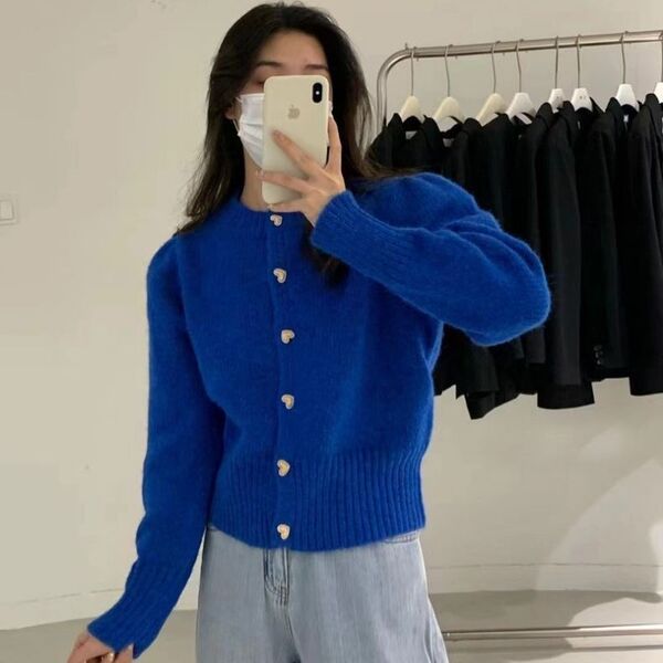 áo len nữ áo len đỏ Áo Len Cardigan Croptop Dáng Dài Tay Nút Yêu Ngắn Rời Dệt Kim, Phong Cách Mới Hà