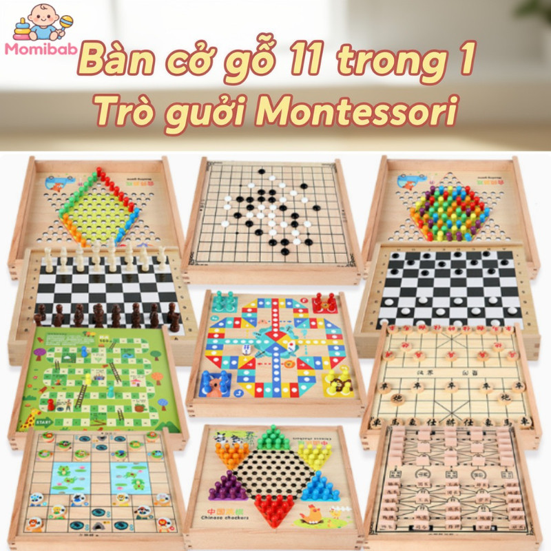 bộ cờ gỗ 11 trong 1 cờ vua cờ tướng cờ vây cá ngựa đồ chơi trí tuệ montessori cho trẻ