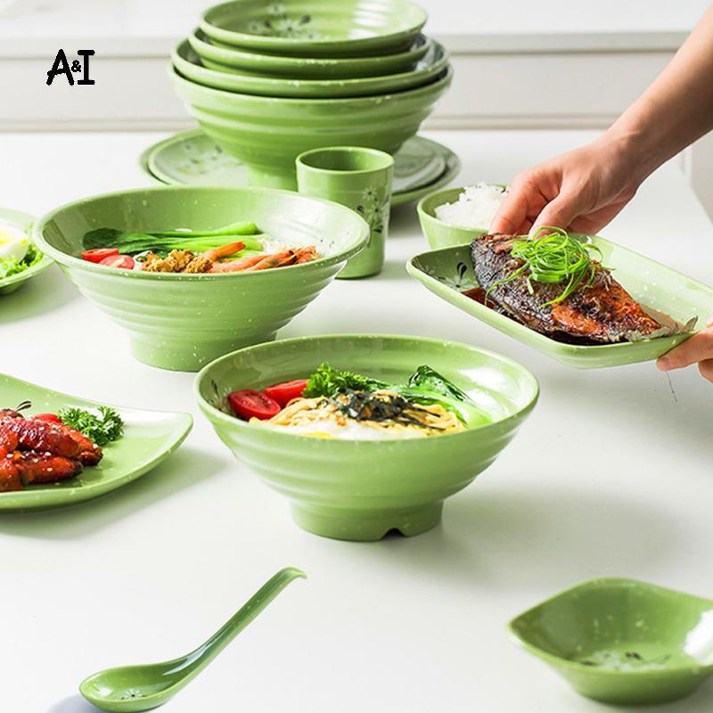 AI Bát Mì Melamine Chống Vỡ Hoa Thiện Bát Lớn Bát Canh Nhựa Thực Phẩm Bộ Đồ Ăn Giả Sứ Xanh 7 / 8 / 9