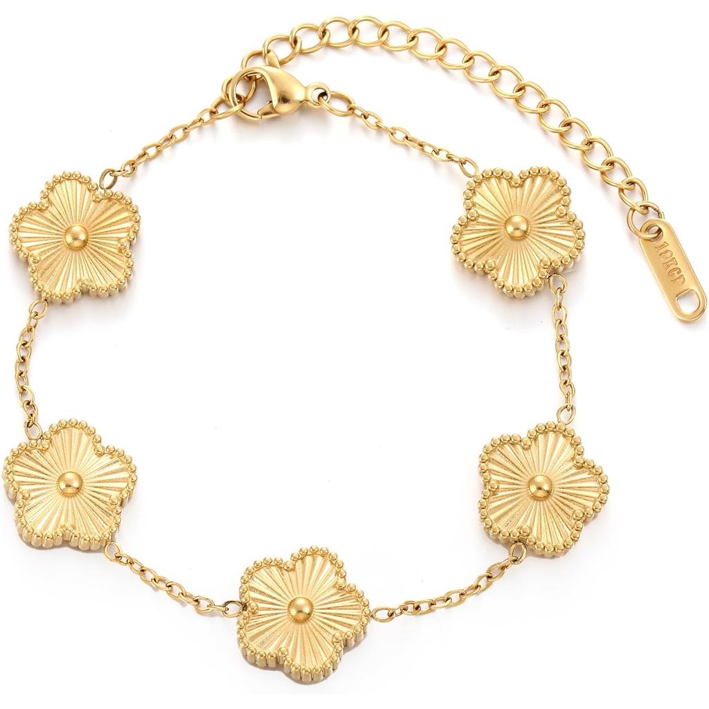 TICVSS Four Leaf Clover Bracelet for Women 18K Gold Plated Stainless Steel Lucky 4 Leaf Gold Link Br
