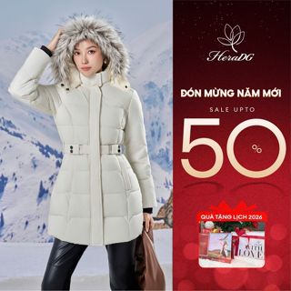  Áo khoác phao dáng dài nữ HeraDG mũ lông tháo rời thiết kế dây đai bấm nhồi bông 3 lớp công nghệ Naco cao cấp WJKBE2056 