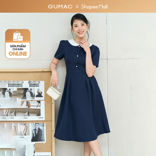  Đầm nữ A xòe GUMAC màu xanh đen thiết kế cổ bâu trắng có túi phù hợp công sở đi chơi  LDE0821 