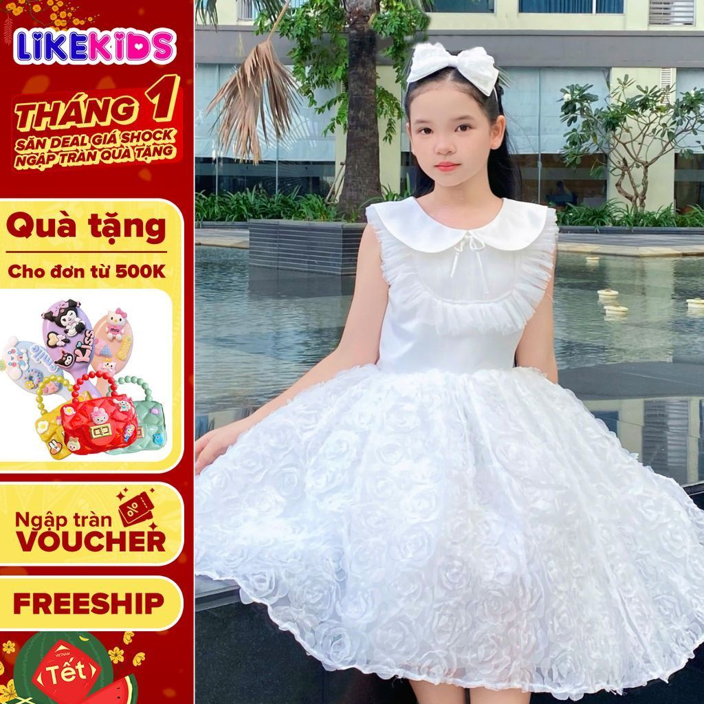 Đầm công chúa bé gái trắng cổ tròn phối viền bèo, chân váy hoa nổi 3D xòe phồng mặc tiệc sang trọng 