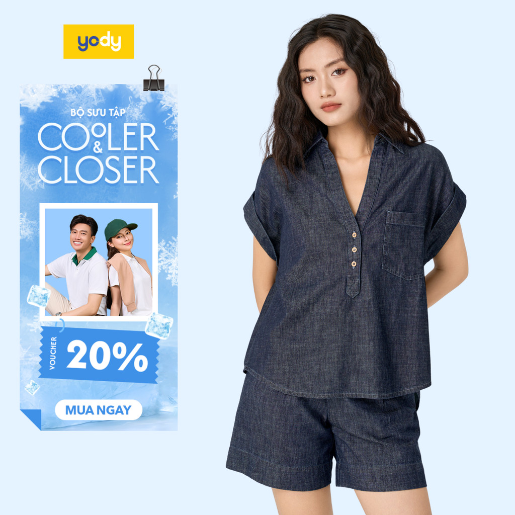 ⚡T5 199K⚡ Áo Sơ Mi Jeans Giấy YODY Tay Cộc Kẹp Gấu Thoáng Mát Thấm Hút Tốt WCSH25S022