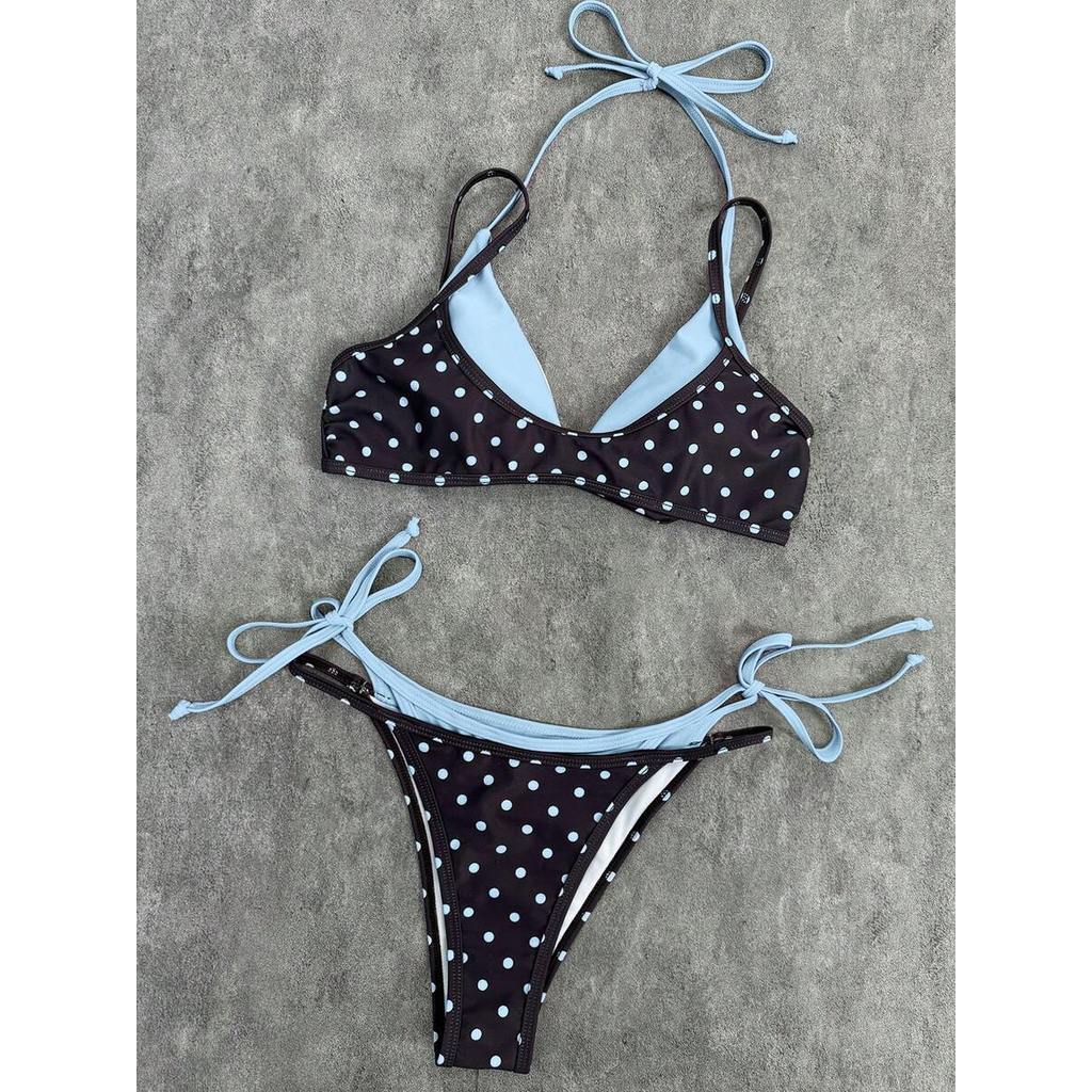 (CÓ SẴN) Bikini 2 mảnh chấm bi nâu phối xanh baby dây buộc sexy, bikini nữ đi biển hot trend - KÈM ẢNH THẬT | BigBuy360 - bigbuy360.vn