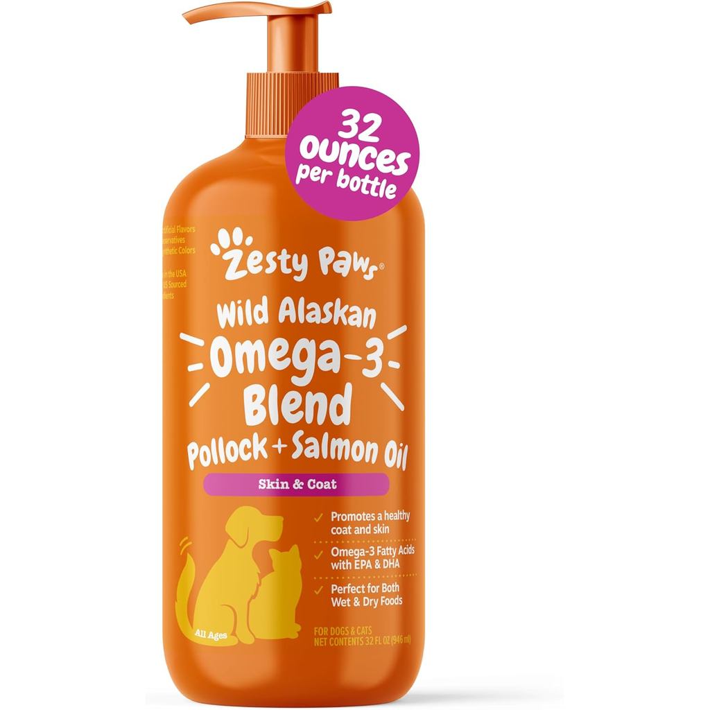Zesty Paws Wild Alaskan Omega-3 Blend Pollock + Dầu cá hồi cho chó mèo- Hỗ trợ da và áo khoác, Bổ su