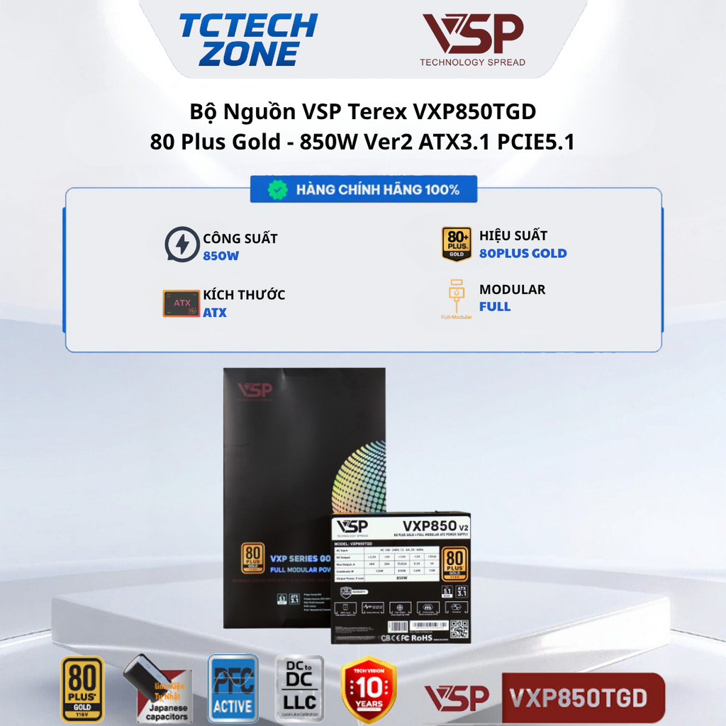 Bộ Nguồn VSP Terex VXP(850W/1000TGD Ver2 (850W-1000W / 80 Plus Gold / Full Modular / ATX3.1 PCIE5.1)