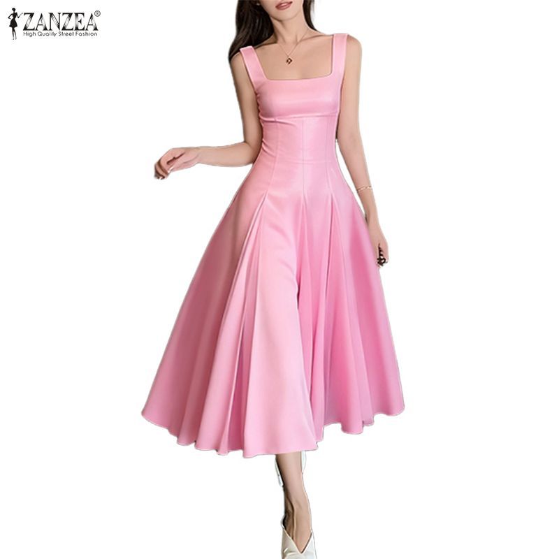 ZANZEA Váy midi nữ cổ vuông không tay dáng A-swings, có xếp ly tạo form eo thuôn