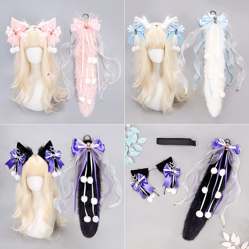 Plush Tail Cos Antique Fox Tail Lolita Wolf Ear Headband Handmade Animal Ears Wolf Ear Tail Set kxur