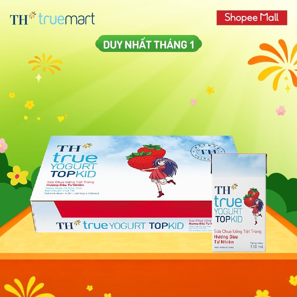  Thùng Sữa Chua Uống Tiệt Trùng TH true YOGURT TOPKID milk Hương Dâu 110ml  48 Hộp  
