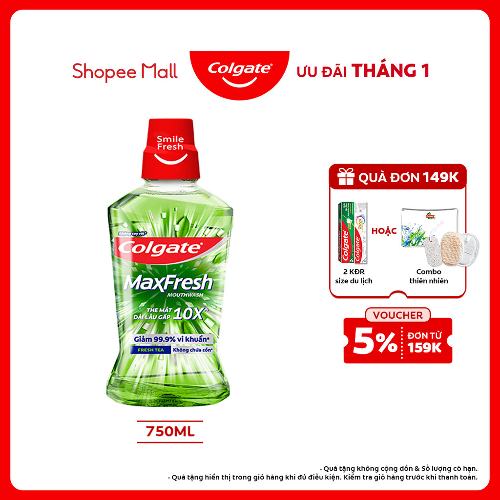  Nước súc miệng Colgate Maxfresh the mát dài lâu gấp 10X - diệt 99,9% vi khuẩn - 750ML 