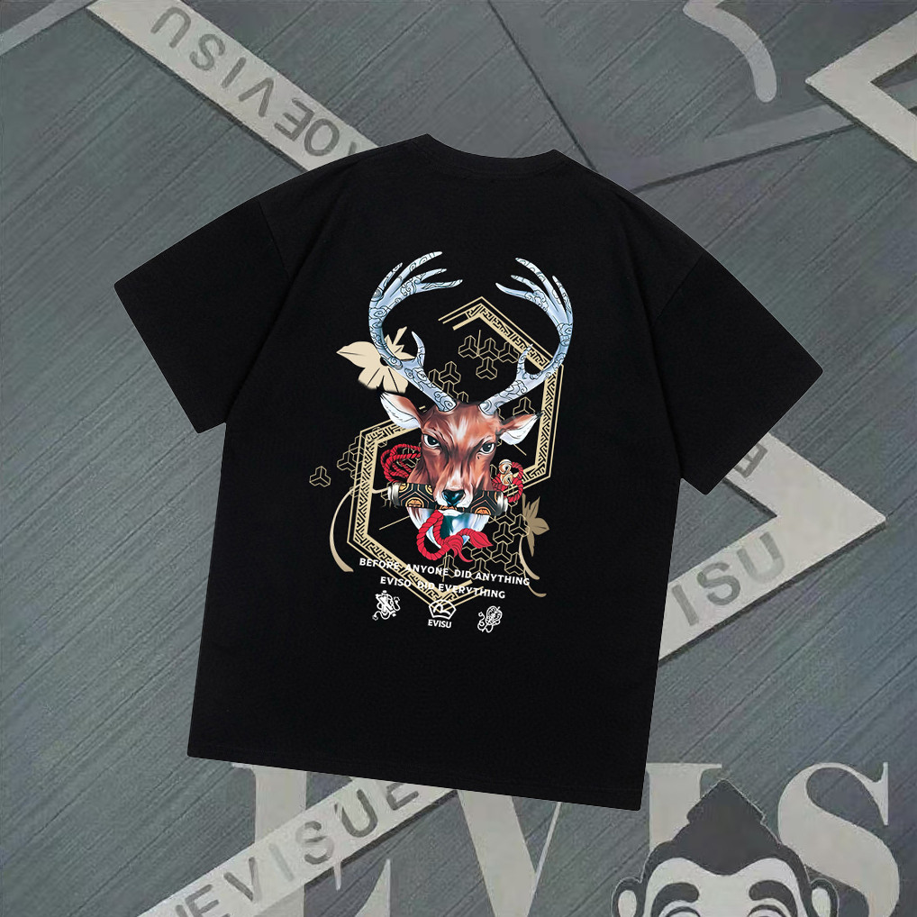 Evisu Áo Thun Ngắn Tay Cổ Tròn Cho Nam và Nữ, 100% Cotton, Thiết Kế Đơn Giản Thoáng Khí