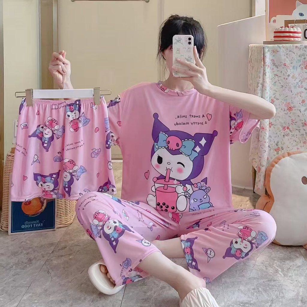 Hoạt Hình Kuromi Sanrio Nữ Tay Ngắn Đồ Ngủ Thường Ngày 3 Bộ Đồ Ngủ Bộ Đồ Ngủ Nhà Bộ Đồ Ngủ
