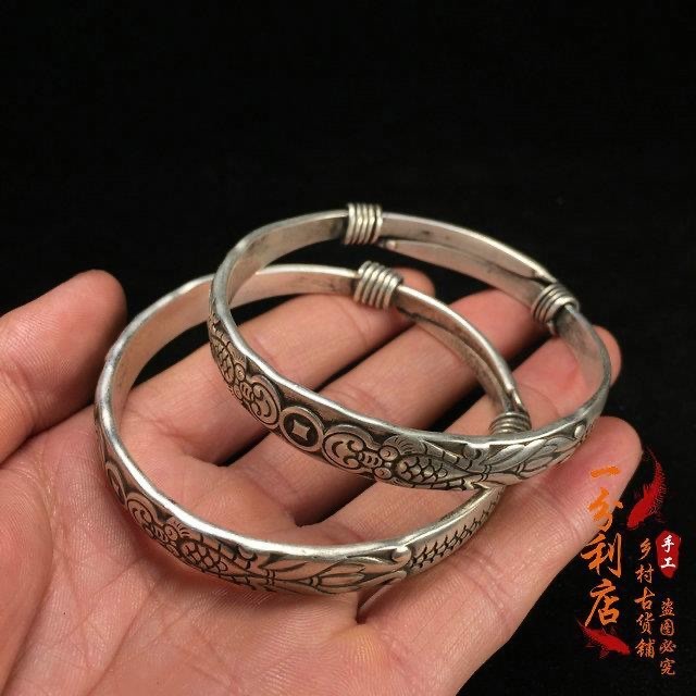 Bộ sưu tập cổ Vòng tay bạc cổ Song Ngư Phong cách dân tộc Trang sức bạc Mạ bạc Đồ cũ Trượt Vòng tay 