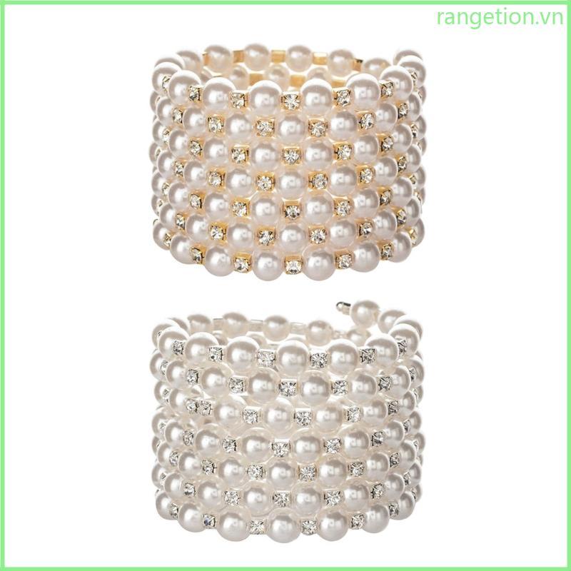 Vòng tay ngọc trai bạc RAN Gold với pha lê và kim cương lấp lánh Vòng tay đàn hồi ngọc trai-7 hàng A