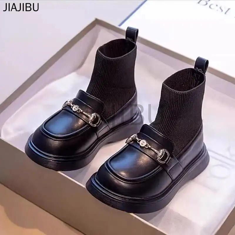 Giày Bốt Chelsea Kiểu Anh Dễ Thương, Mũi Tròn, Màu Đen Mờ, Chống Trơn Trượt, Dành Cho Bé Gái. Korean