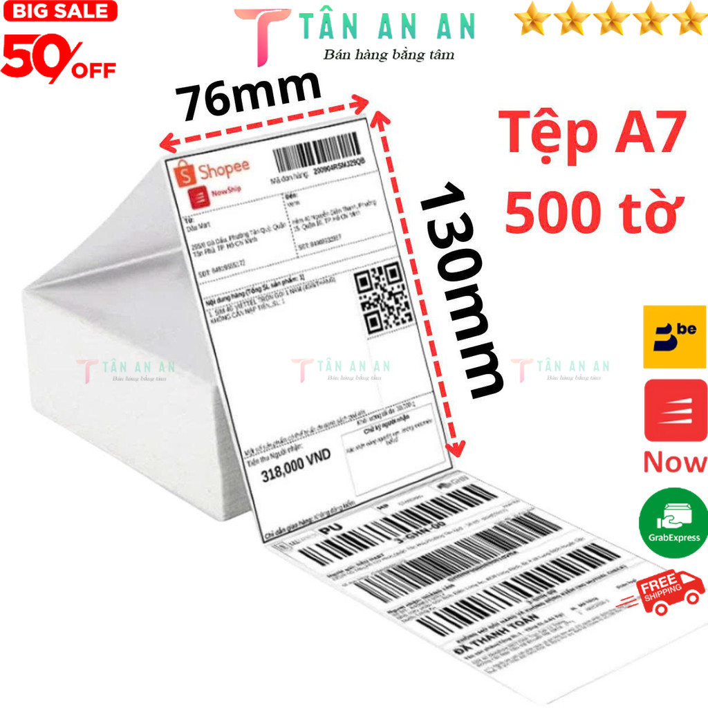 Giấy In Nhiệt 76x130 Khổ A7 Tệp 500 Tem Sẵn Lớp Dán Đơn hàng Shopee 76x130 - Tân An An