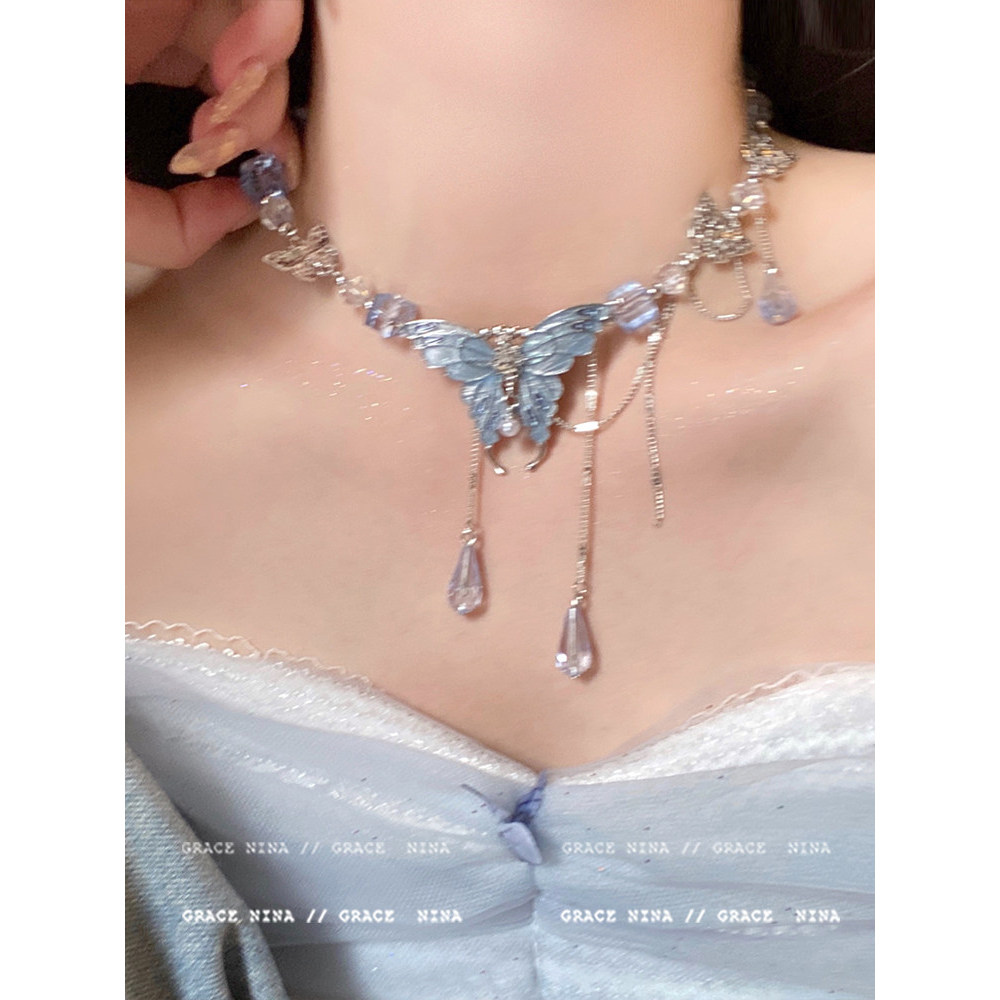 Niche Heavy Industry Butterfly Women 's Clavicle Chain Blue Crystal
