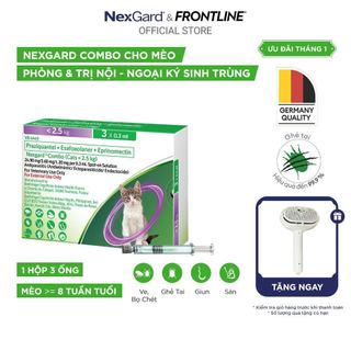  NexGard COMBO - Ống nhỏ gáy phòng nội ngoại kí sinh dành cho mèo size S  <2.5kg -3 ống hộp 