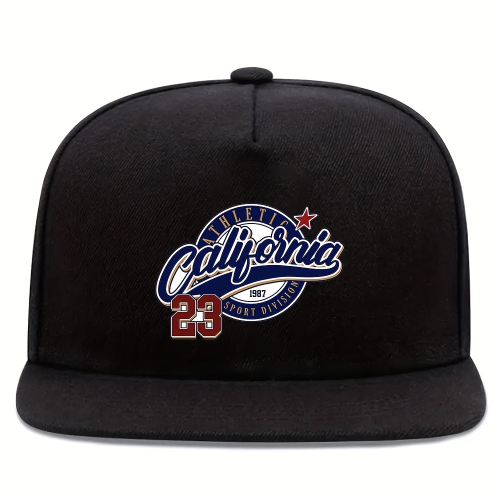 Mũ vành phẳng Hip-hop màu đen điều chỉnh được, phong cách California với họa tiết "California 1987"