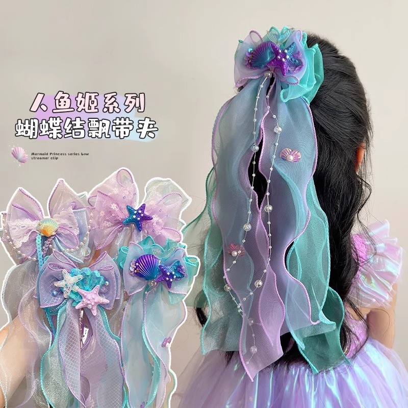 Kẹp tóc nơ trẻ em công chúa nàng tiên cá với lớp lụa phát sáng - Hoàn hảo cho bộ tóc biểu diễn sinh nhật của bé gái hoặc khăn trùm đầu bé gái