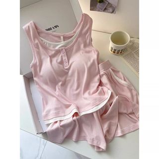 Bộ Đồ Ngủ Ba Lỗ Hai Mảnh Màu Hồng Dễ Thương Nữ Tính - Đồ Mặc Nhà Mùa Hè Thoáng Mát Hàng Có Sẵn