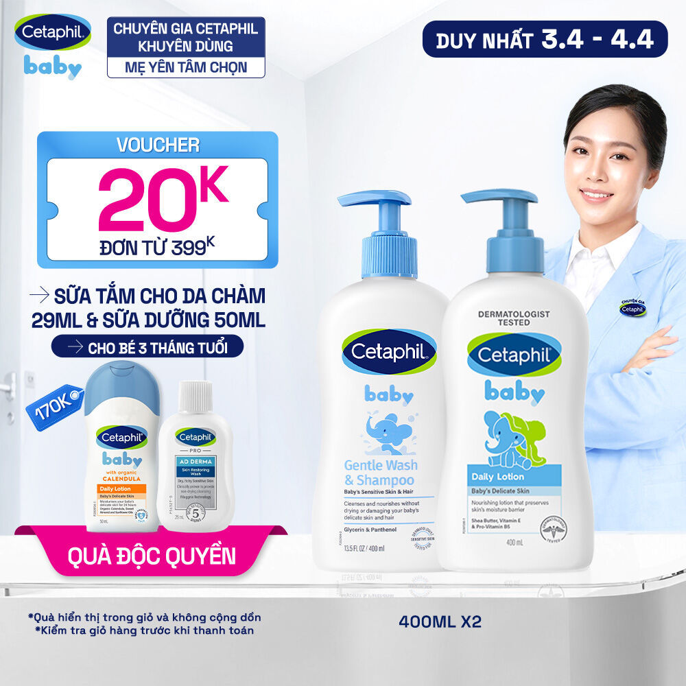 Combo Sữa tắm gội Cetaphil Baby Gentle Wash&Shampoo + Sữa dưỡng ẩm Cetaphil Baby Lotion 400ml/ chai