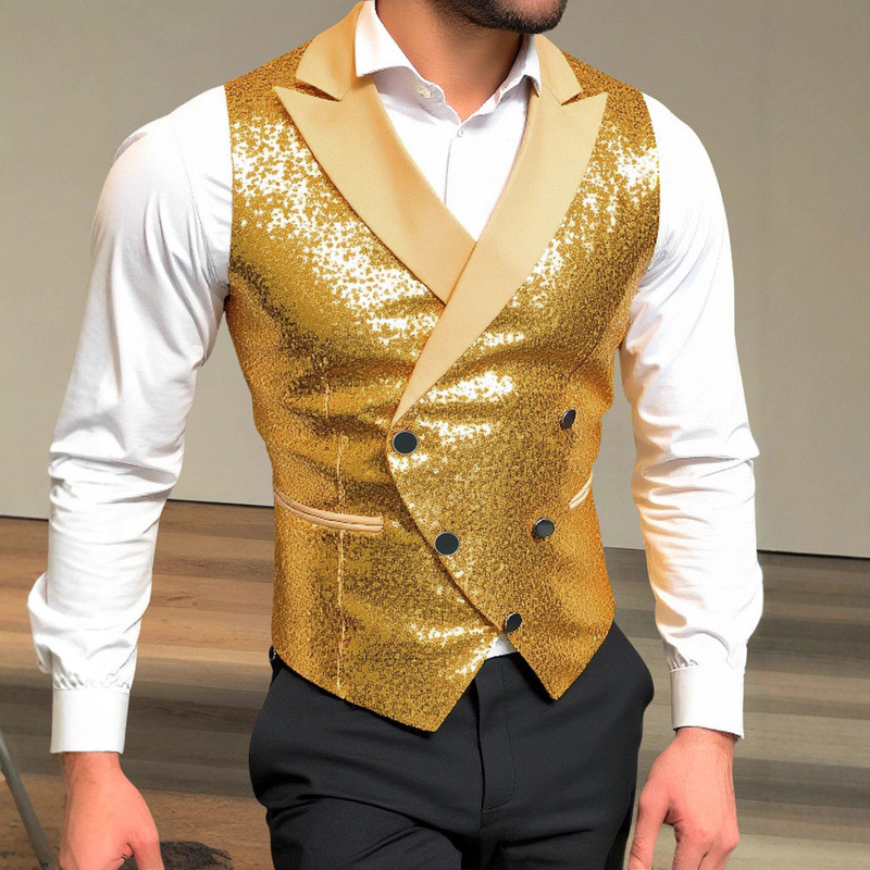 Áo Vest Hiệu Suất Trang Phục Đính Kim Sa Lấp Lánh Áo Phù Hợp Với Cổ Áo Skinny Thể Hiện Cơ Bắp Nam Ve