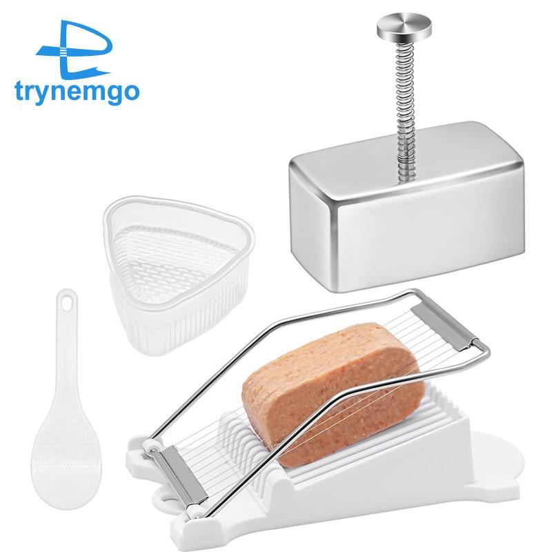 Bộ khuôn Onigiri Khuôn Musubi bằng thép không gỉ có máy thái lát và khuôn cơm hình tam giác và thìa 