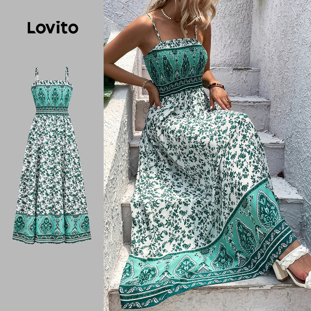 Lovito Váy Boho Mùa Xuân/Hè Váy xanh lá cho Phụ nữ LBL31168