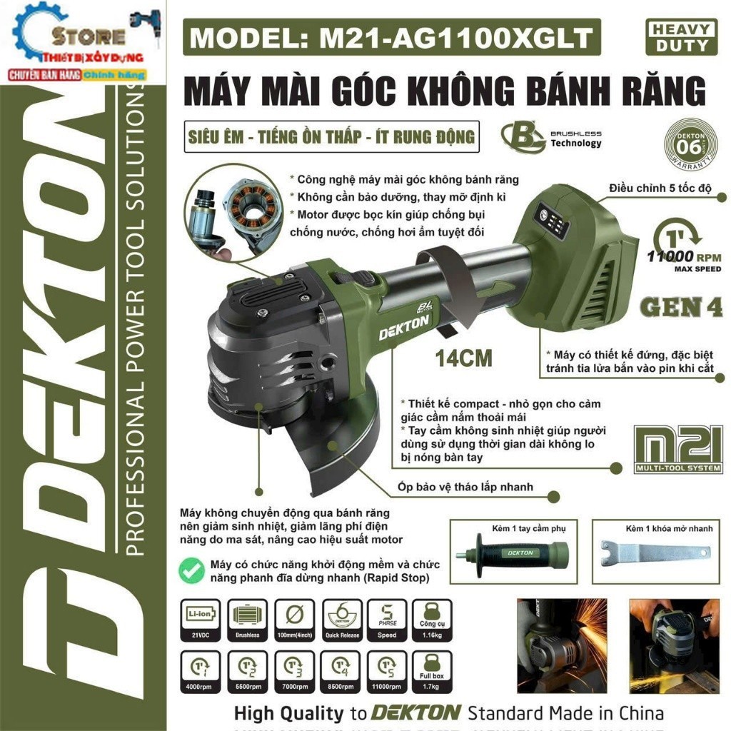 Thân máy mài pin không bánh răng DEKTON M21-AG1020GLT/AG1100XGLT - Store thiết bị dekton