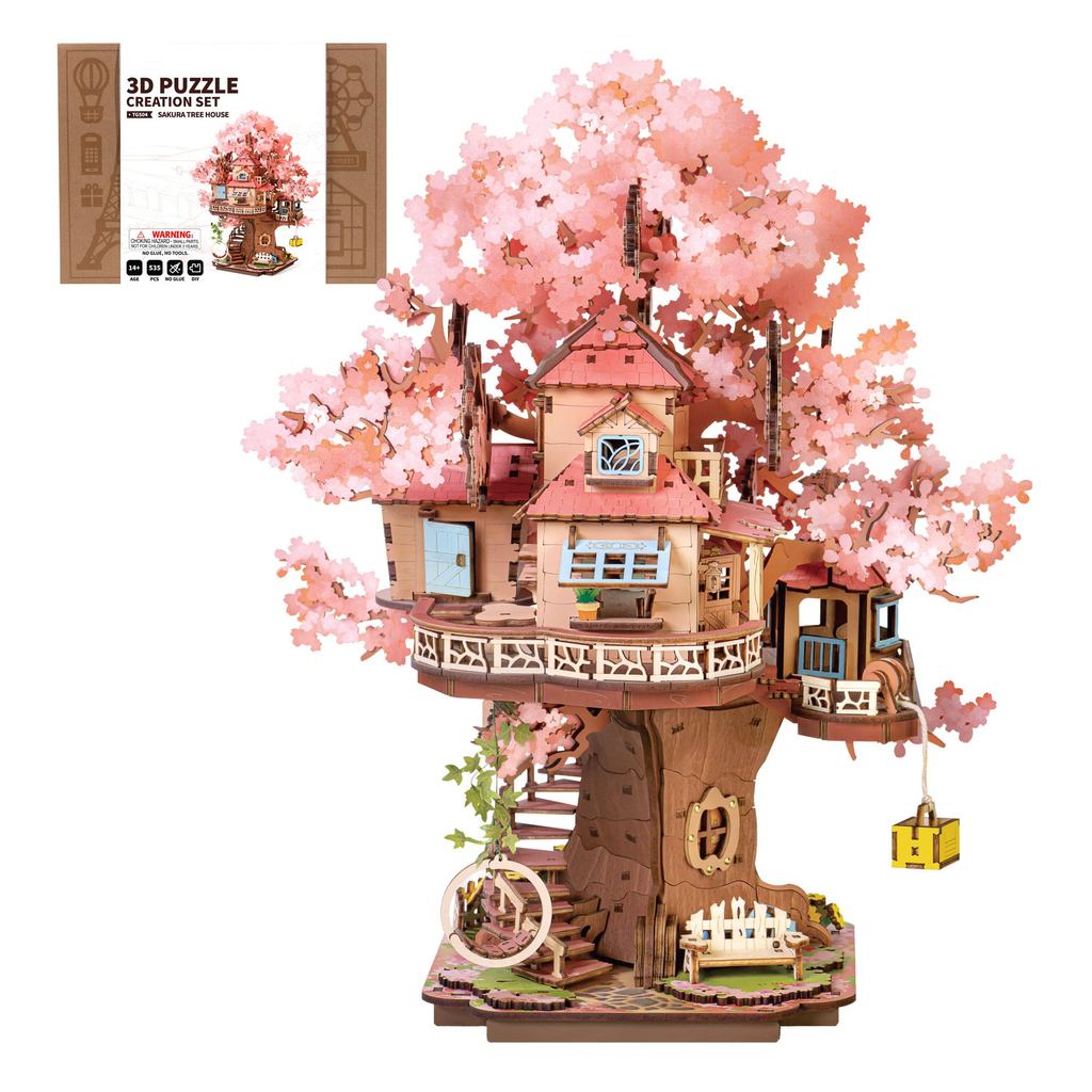 3D Wooden Puzzle, Cherry Blossom Tree House, Assembly Kit, DIY Craft, Japanese-Style Decor (Cherry B