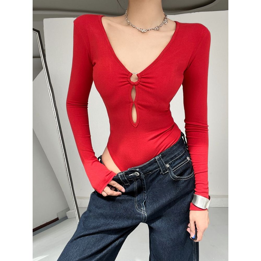 Bodysuit nữ gợi cảm màu đỏ, cổ chữ V, dáng dài tay