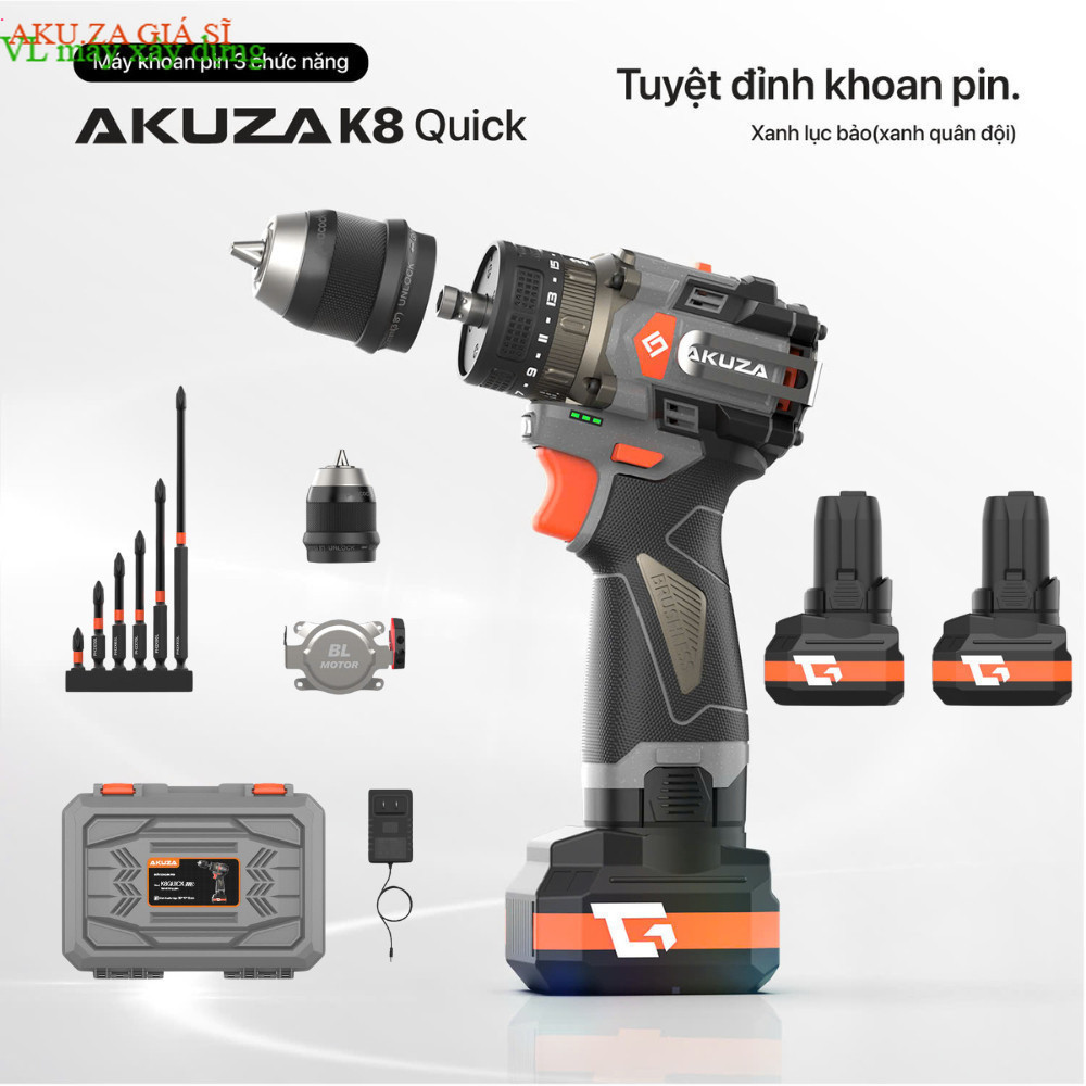 Máy Khoan Pin AKUZA K8 QUICK Đầu 4 trong 1 - Có Búa  - Mắc gài kim loại - đầu kẹp auto lock drt akuz