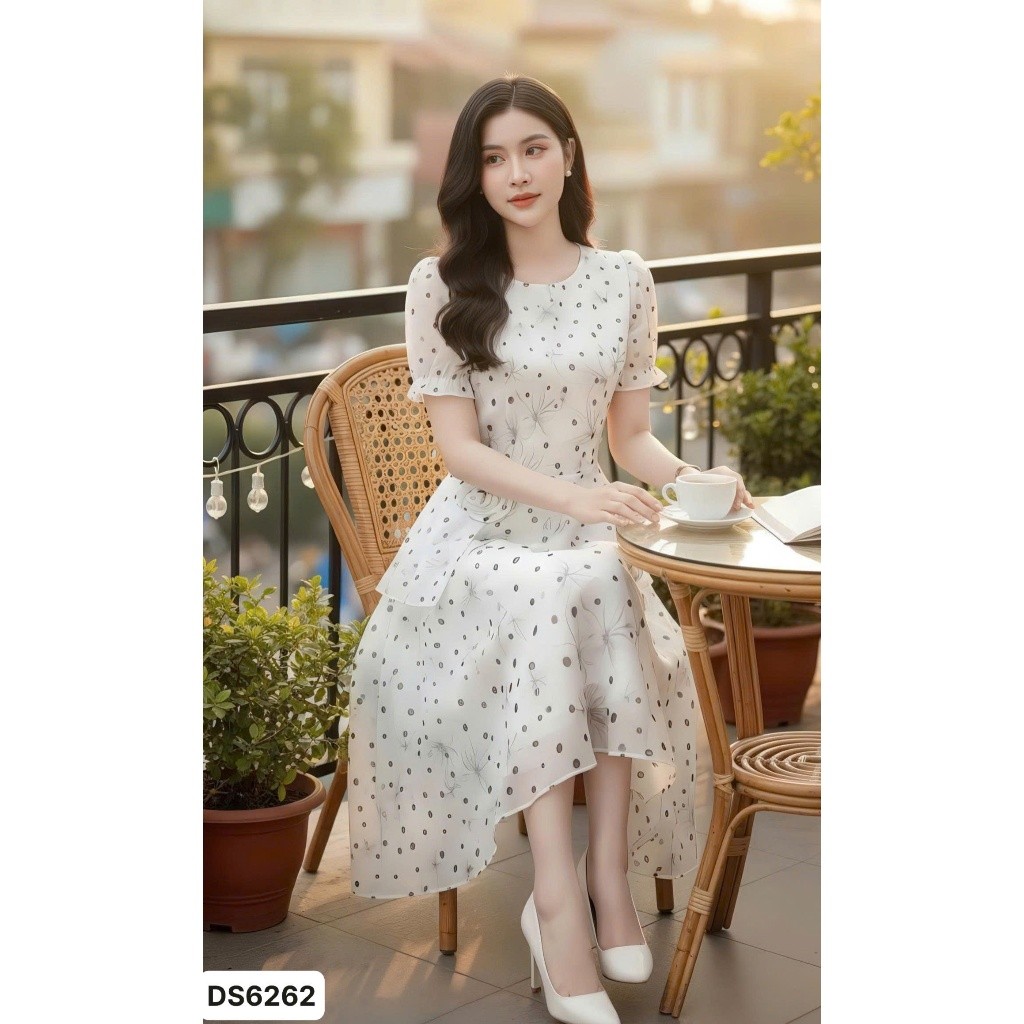 DS6262 Váy tơ trắng xòe dài chấm bi hoa eo nữ tính [Dolce Viva Colection (DVC/ACC)]