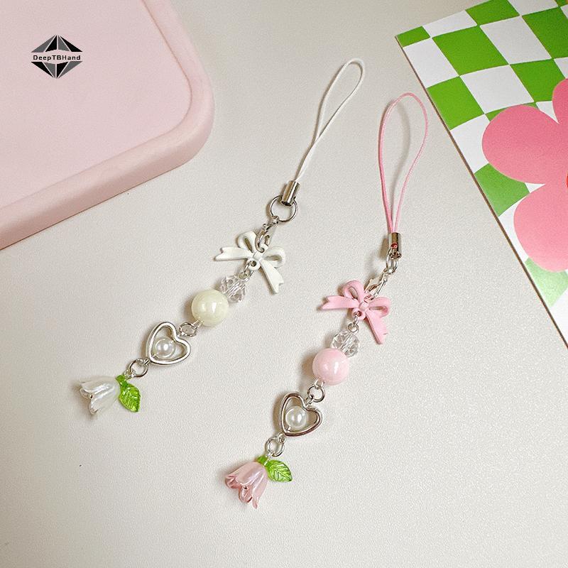 < DeepTBHand > Nơ Lily Of The Valley Đính Hạt Dây Xích Điện Thoại Y2K Tươi Ngọt Móc Khóa Fower Mặt D