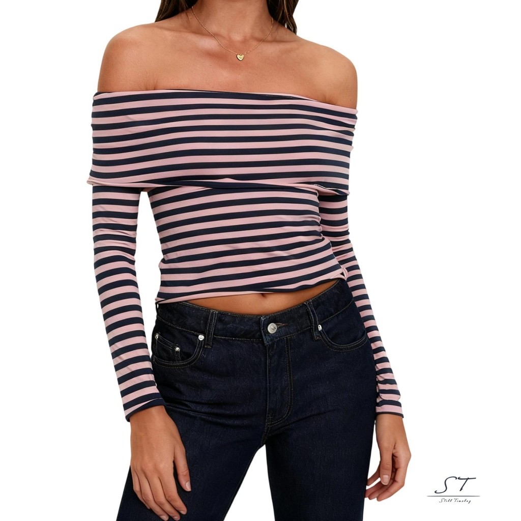 CY03 - Áo Thun Crop Top Sọc Mỏng Dài Tay Không Dây