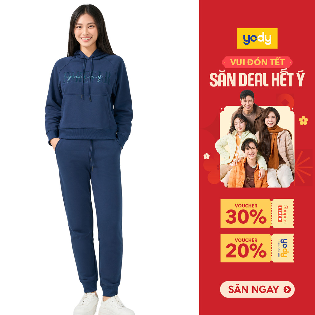 Bộ đồ nữ YODY set áo quần in chữ FOREVER YOUNG vải nỉ ấm áp, mềm mại, co giãn nhẹ BTN7005