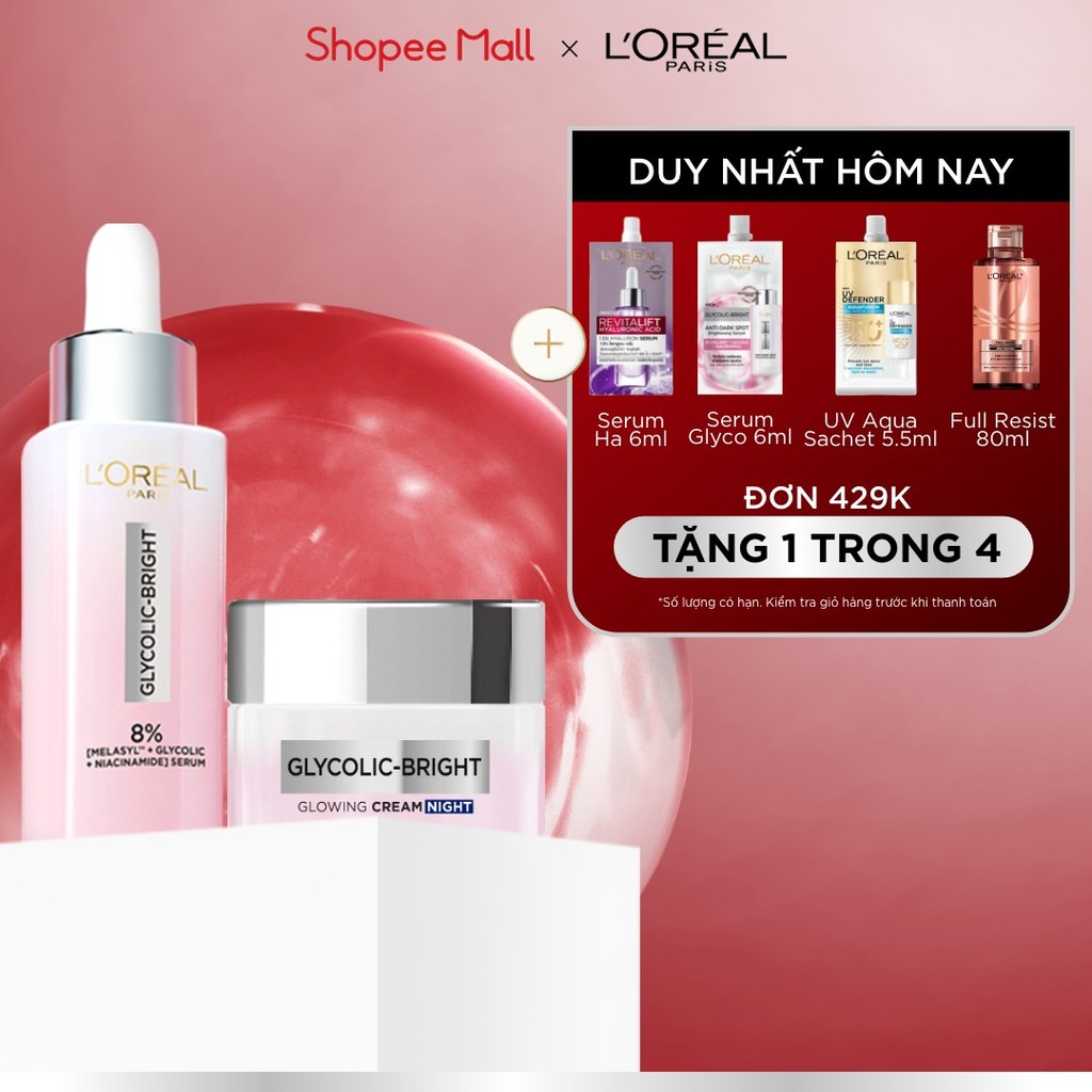 Bộ chăm sóc hỗ trợ dưỡng sáng da mờ thâm nám L'oreal Paris Serum Glycolic melasyl 8% 30ml & Kem đêm Glycolic Bright 50ml