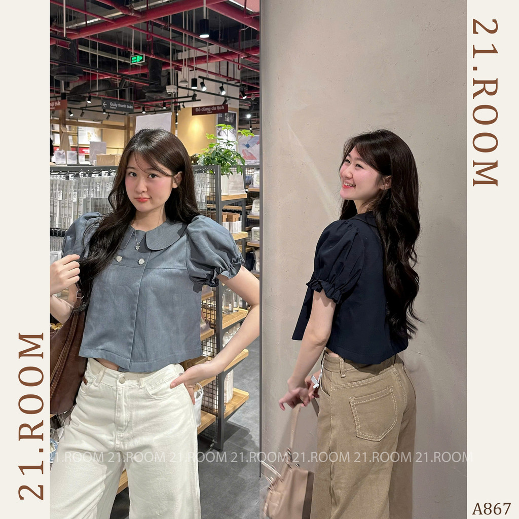 Áo Sơ Mi Cổ Sen Tay Bồng Chun Cúc Ngọc Dáng Croptop A867 21.ROOMHN