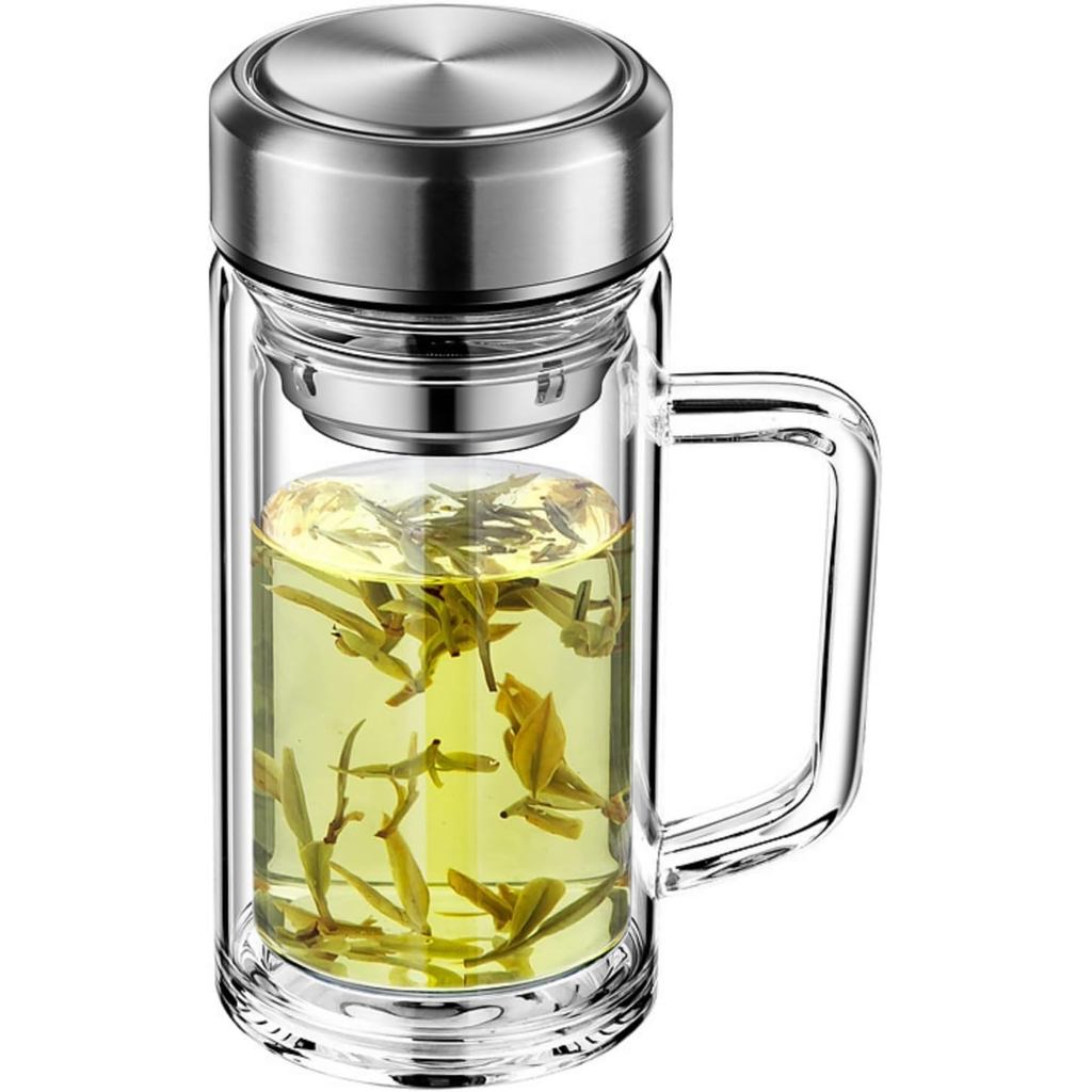Double layered glass cup with handle and lid, bubble tea cup, office glass cup, household high tempe