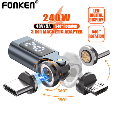 Fonken PD240W Màn hình kỹ thuật số Type-C sang Type-C Bộ sạc từ tính 9Pin 540° Bộ chuyển đổi xoay cho máy tính bảng điện thoại