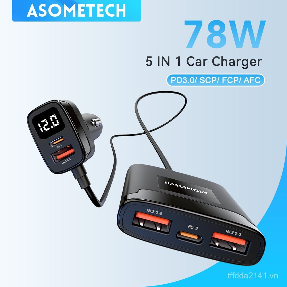 ASOMETECH Bộ sạc xe hơi USB 5 cổng 78W SCP PPS AFC USB Type C Sạc nhanh cho iPhone 14 13 Pro Huawei 